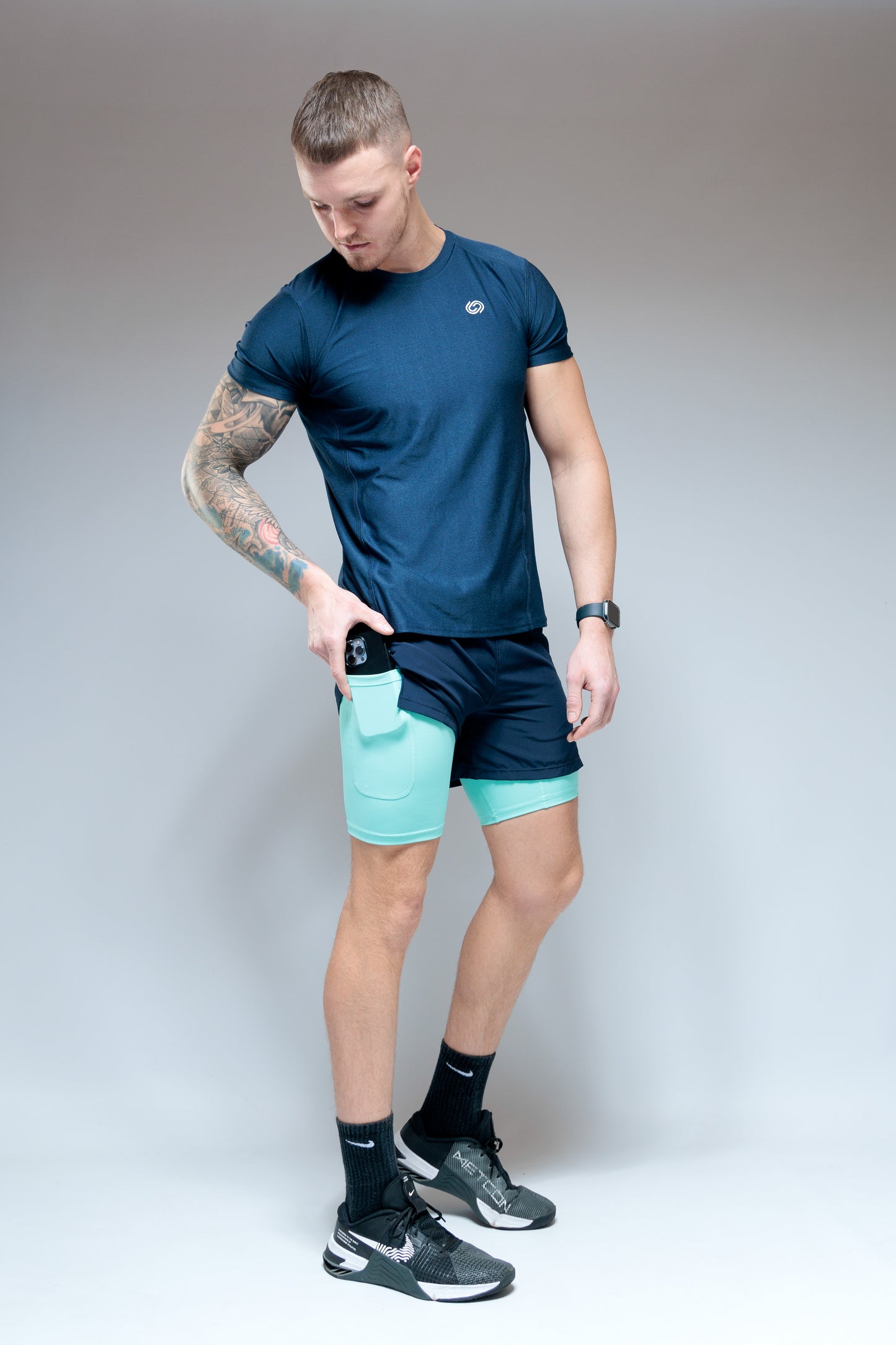 Navy and Peppermint Compression 2-1 Shorts