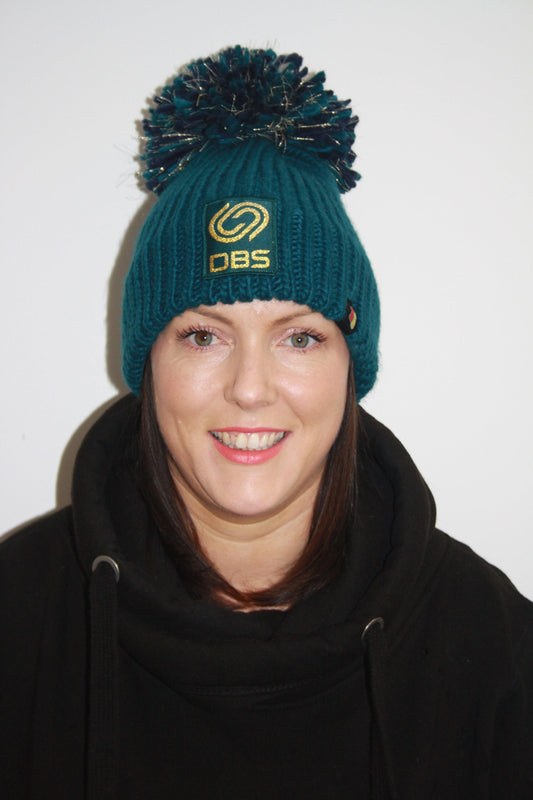 Teal and Gold Bobble Hat